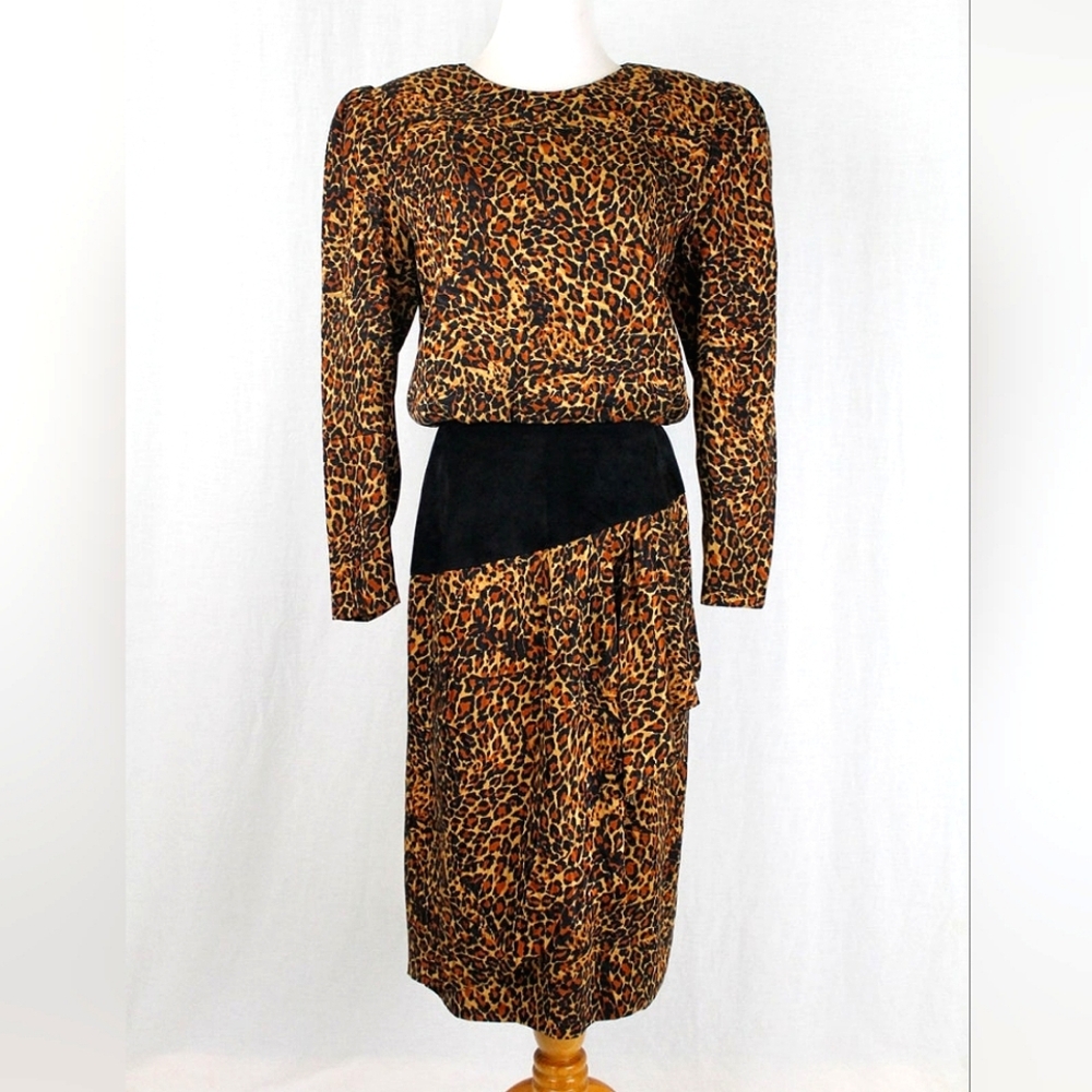 Vintage St Gillian Leopard Print Silk Long Sleeve Dress with ultra-suede Waist